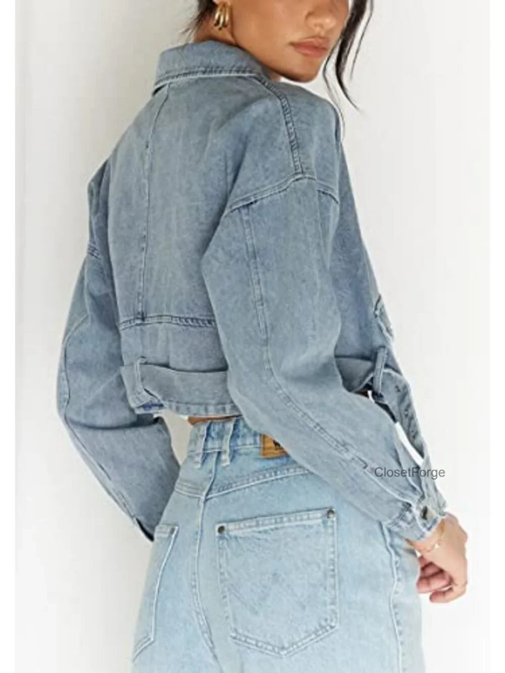 Women's Boyfriend Denim Blazer Jacket with Belt and Zipper Closure